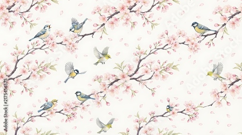 Seamless pattern with small birds and cherry blossom branches on white background