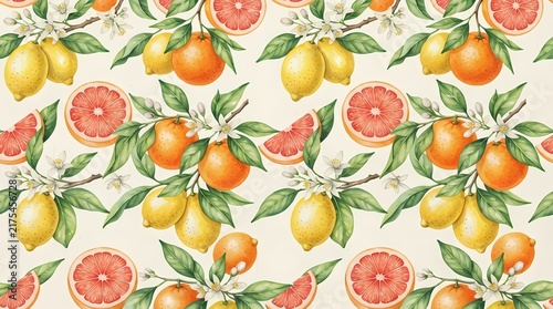 Watercolor citrus fruit pattern with lemons and grapefruits on a light background