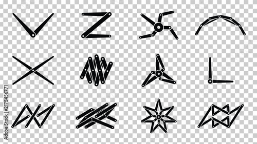 Foto Mechanical linkage icons set, industrial joint and pivot vector elements, black