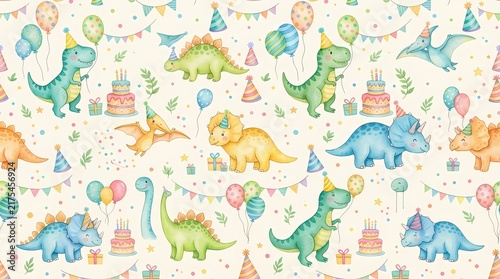 Watercolor dinosaur birthday party seamless pattern with cute animals and balloons