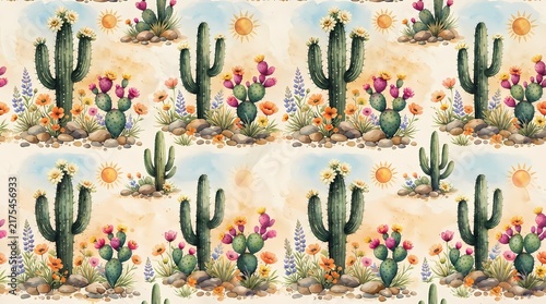 Watercolor cactus seamless pattern with desert flowers and sun on a beige background