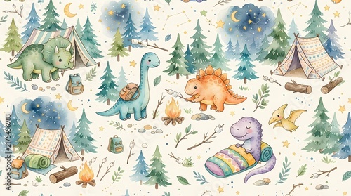 Watercolor dinosaur camping pattern with cute prehistoric animals in a forest landscape.