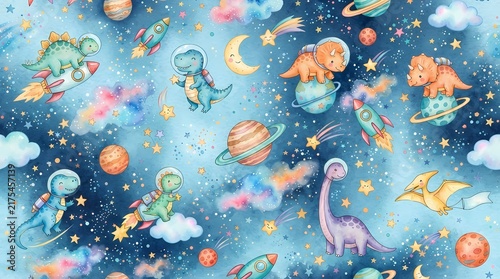Seamless pattern with cute watercolor dinosaurs in space with planets and stars