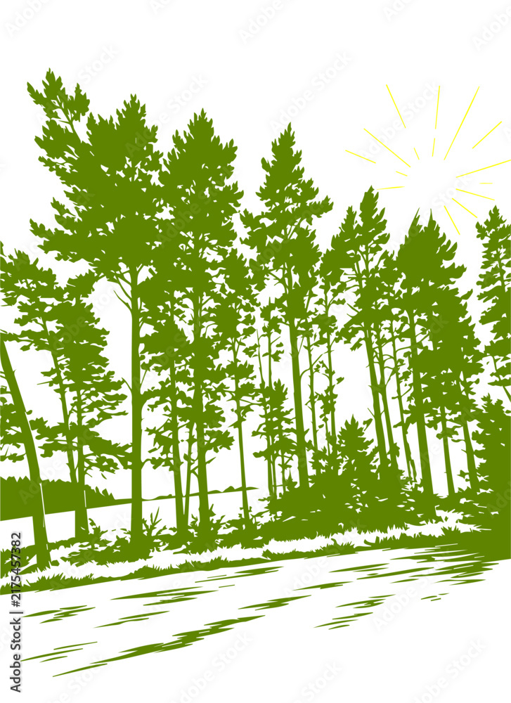Obraz premium Forest green silhouette Hand drawn. Not AI, vector illustration