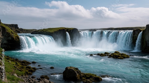 Wide panoramic view of huge waterfall flowing into turquoise river. Water cascades down cliffs under blue sky with white clouds. Scenic nature landscape with rocky terrain, mossy stones. Peaceful