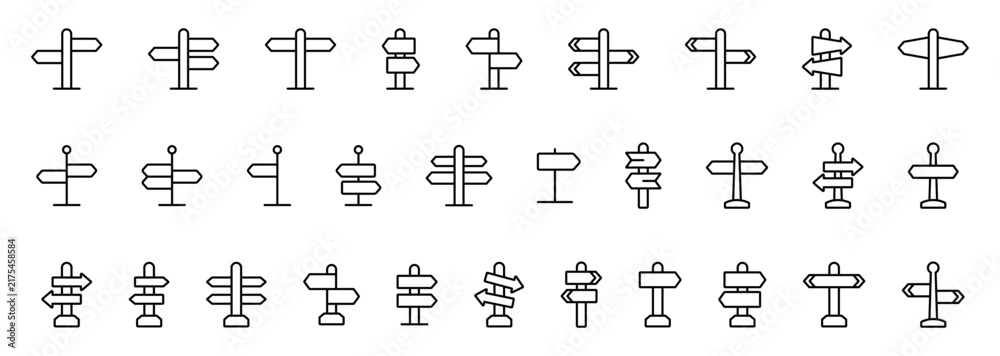 Obraz premium Signpost direction line icon set. Wayfinding navigation road sign symbols collection