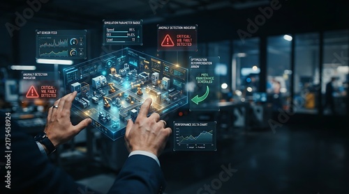 Operations director interacting with holographic digital twin virtual asset replica interface for enterprise real-time physical simulation and IoT-powered predictive performance management solutions.