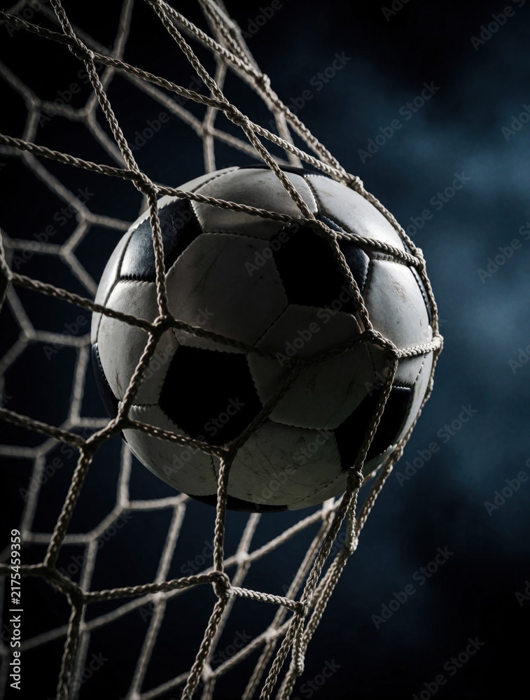 Naklejka premium Soccer ball scores goal in net. Classic black and white football in goal mesh, dark background, triumph moment. Victory in game, ball stopped by net, final score.