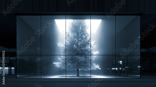 A glowing tree illuminated within a modern glass structure at night.