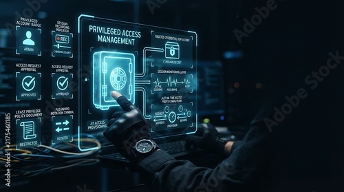 Fototapeta kuchenna IT security administrator interacting with holographic privileged access management credential vault interface for enterprise identity security and digital just-in-time access provisioning management 