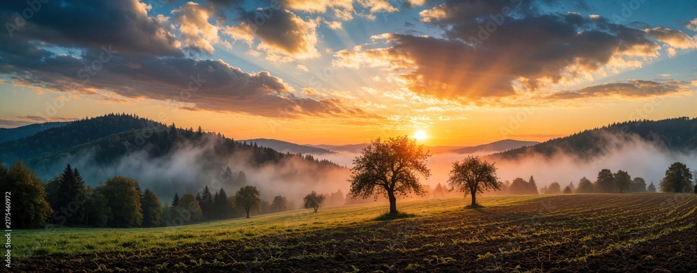 Obraz premium Sunrise over misty mountains and green fields. Golden sun rays break through clouds illuminating rolling hills and trees. Peaceful rural landscape at dawn.