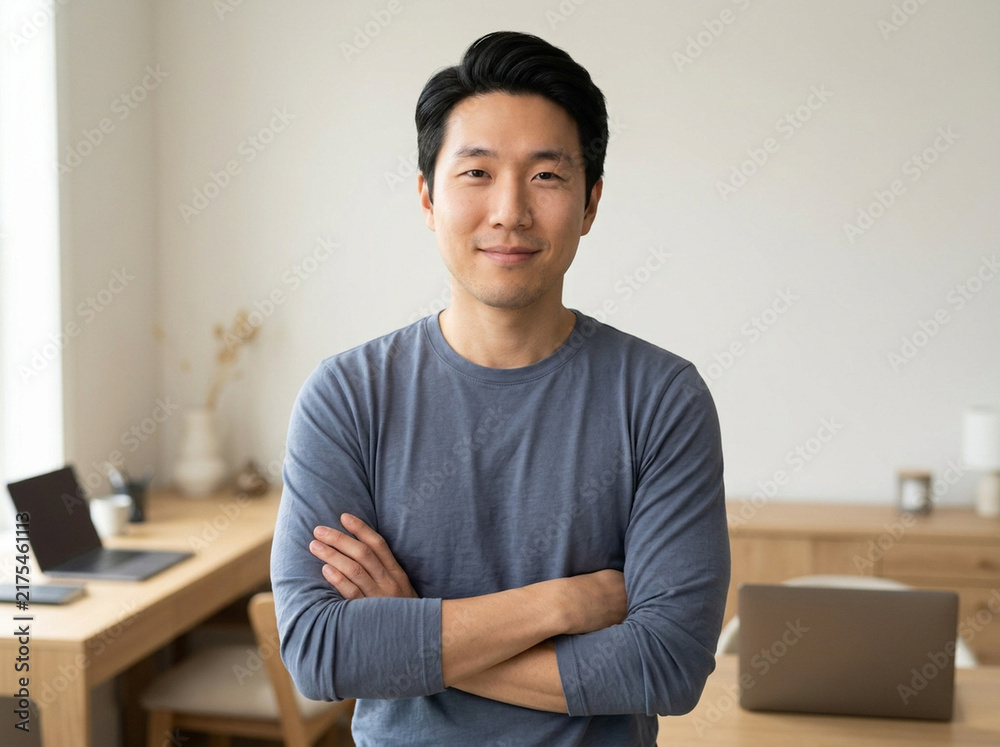 Obraz premium Confident Asian male entrepreneur standing in a modern office