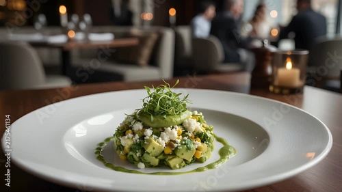 Exquisite gourmet appetizer presenting a vibrant medley of fresh diced avocado, sweet corn, and crumbled cheese, elegantly garnished with microgreens and a savory green sauce.