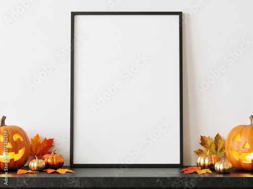 Picture frame mockup surrounded by glowing jack-o-lanterns, and autumn leaves on a dark mantel