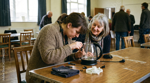 Volunteer repairing a broken electric kettle with an older woman at a community repair cafe