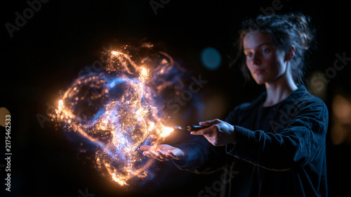 Young Woman Casting Magic Glowing Energy Spell at Night