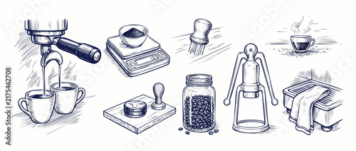 Espresso coffee barista equipment sketch icon set featuring portafilter machine pouring cup manual lever maker scale beans jar tamper tools in vintage hand drawn woodcut engraving illustration styles
