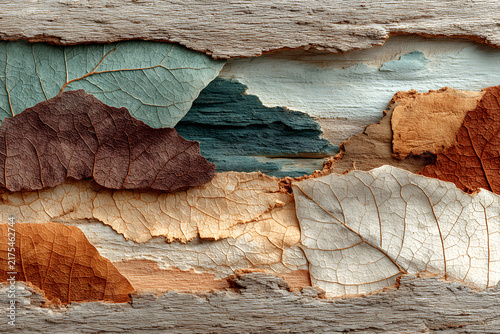 Abstract autumn leaves and wooden texture layered collage background