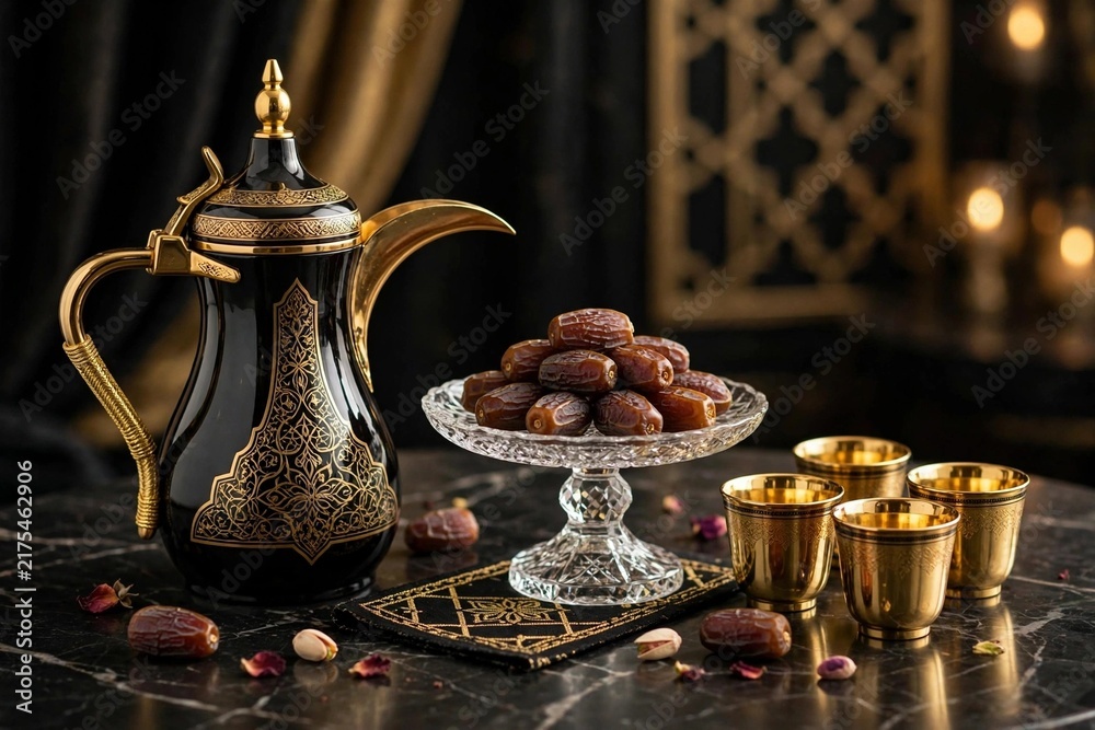 Fototapeta premium Luxury black and gold Arabic coffee set with dallah and dates on marble table