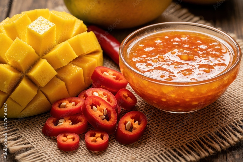 Obraz premium Ripe mango half cubed, sliced red hot chili peppers, and spicy mango chili sauce presented on burlap. Rustic food composition with soft focus effect.