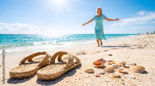 Beach Dance, Mature Joy, Joyful Woman or Senior Lifestyle Ocean, Freedom Wellness Vacation Beach Dance, Mature Joy, Senior Wellness, Ocean Vacation