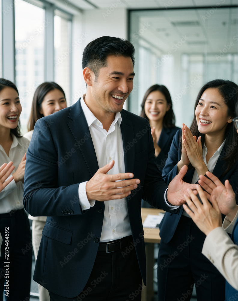 Obraz premium Mid-career Asian man presents idea to colleagues in modern office with confidence and enthusiasm, beaming with a bright smile and animated gestures.