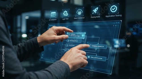Fototapeta kuchenna Citizen developer hands interacting with holographic low-code application development platform interface for enterprise visual business application building and digital workflow creation solutions.