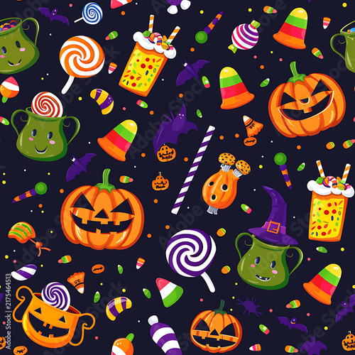 Seamless cute Halloween pattern vector jack o lantern candy cauldron and bats on black background