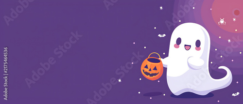 Wide Halloween banner cute white ghost holding pumpkin bucket left copy space on purple background