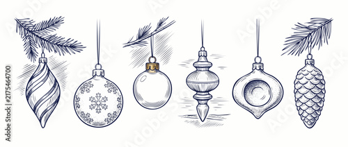 Christmas Bauble Ornaments Hand Drawn Sketch Set Hanging on Pine Branches, Vintage Engraving Style Festive Holiday Winter Illustrations Isolated on White Background for Greeting Card and Design