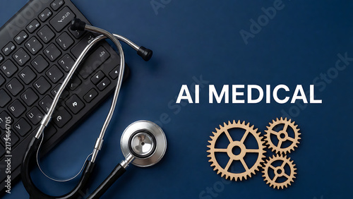 Modern AI medical technology concept with stethoscope and gears on keyboard