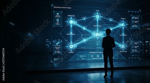 Fototapeta kuchenna Data platform architect standing before holographic data mesh decentralized architecture interface for enterprise federated data domain management and digital data product governance solutions.