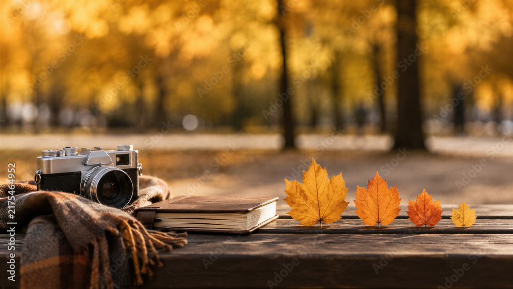 Obraz premium Vintage camera with notebook and plaid blanket on wooden bench with autumn maple leaves in park. Family leisure and travel memories concept. Fall season outdoor activity.