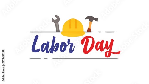 Happy Labor Day Lettering Animation with Professional Construction Helmet, Wrench and Hammer tools on White Background. Alpha channel 4k
