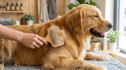 Golden retriever being brushed with a wooden slicker brush. Pet grooming and deshedding loose fur from a dog coat indoors