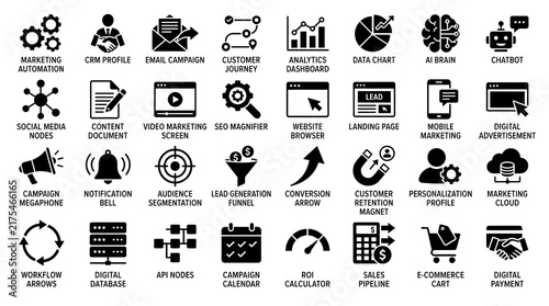 Black icons representing various financial concepts are arranged neatly in a grid format.