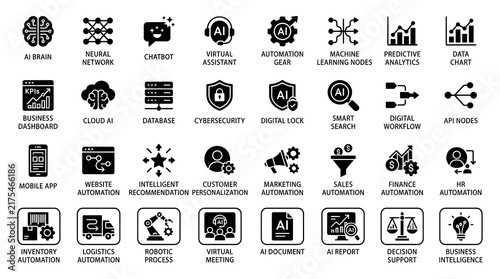 Black icons representing various financial concepts are arranged neatly in a grid format.