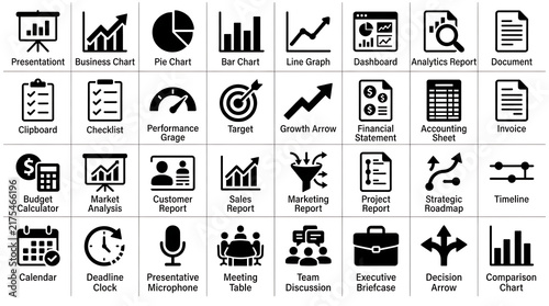 Black icons representing various financial concepts are arranged neatly in a grid format.
