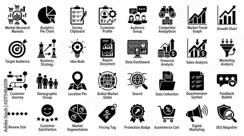 Business icon set displaying various marketing strategies, market research metrics, sales analytics charts, financial reports, and consumer demographics in black silhouette style.