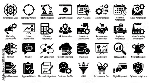 Glyph symbols displaying technical workflows digital documents calendar automation database servers and security locks.