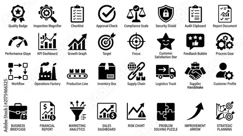 Corporate icons featuring quality badges performance meters charts targets workflows and financial reporting metrics.