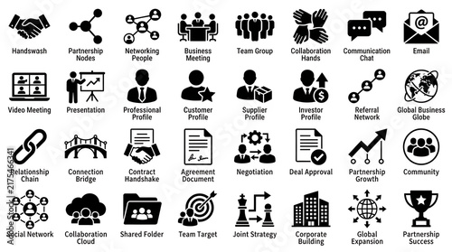 Black icons representing various business relationships partnerships meetings and network communication strategies.