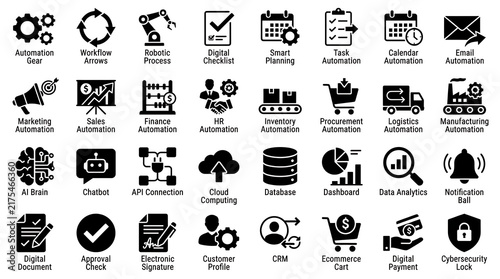 Automation icons depicting industrial robotics, workflow gear, smart planning, and digital payment solutions.
