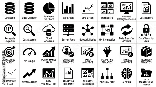 Comprehensive collection of labeled data analytics and business intelligence symbols in a clean black silhouette style.