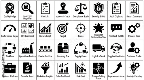 Grid of operations and logistics icons demonstrating supply chain, workflow, manufacturing, and business management.