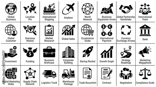 Business icons set featuring global trade logistic and financial symbols in black vector style.