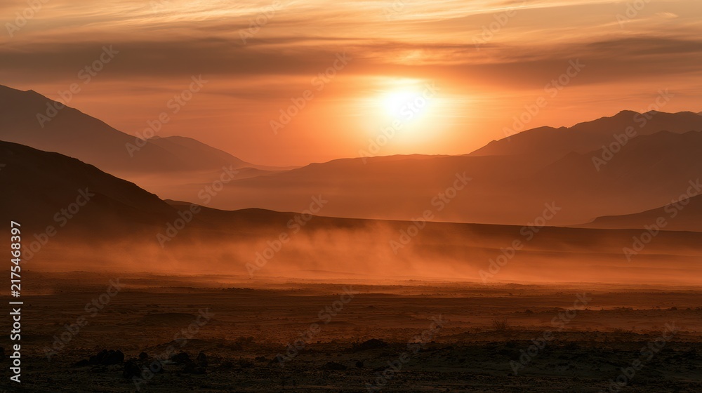 Fototapeta premium Golden hour reveals a warm terracotta haze over the desert landscape and mountains with soft light creating a dreamy effect.