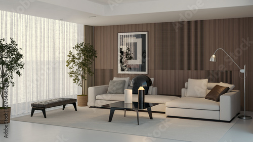 3D render, illustration Large Luxury modern living room interior,  brutalist architecture realistic lighting,  Graphic Overlay wide angle, contemporary furniture, clean lines, minimalist decor, elegan