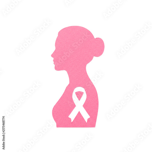 Pink silhouette of a woman's profile with a awareness ribbon over her chest for breast cancer awareness month PNG Isolated on transparent background