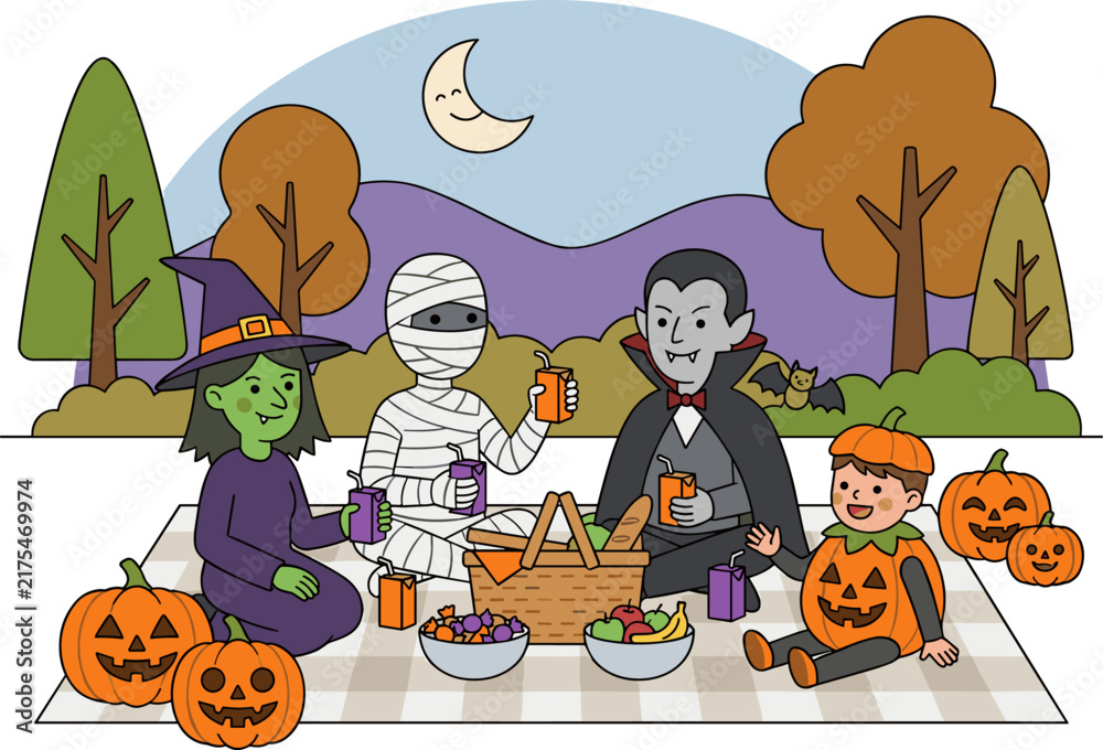 Fototapeta premium Halloween characters picnic in park with pumpkins, moon, and trees, flat design vector illustration